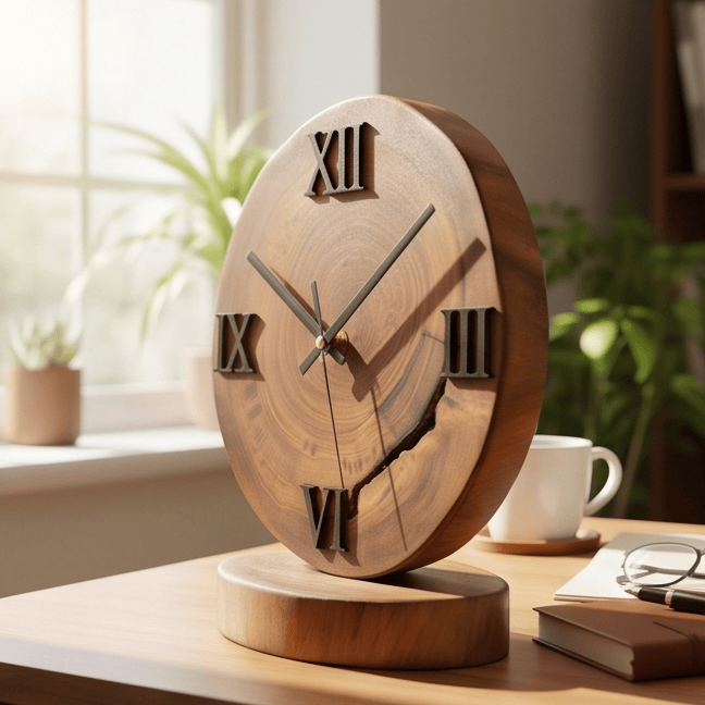 Handcrafted Wood Desk Clock | Luxury Live Edge Mantle Statement Clock