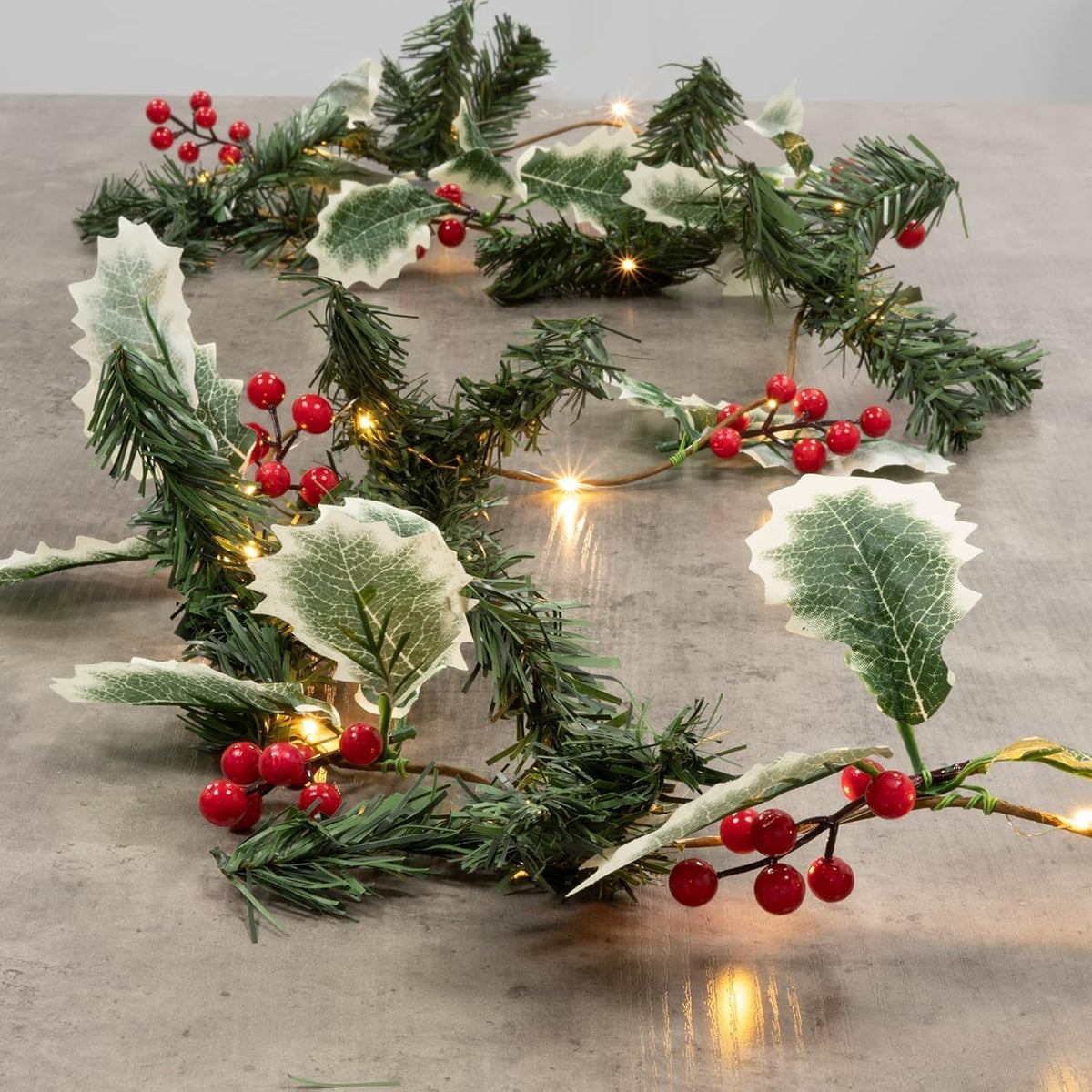 2m Holly And Berry Pre Lit Christmas Garland with 20 Warm White LEDs