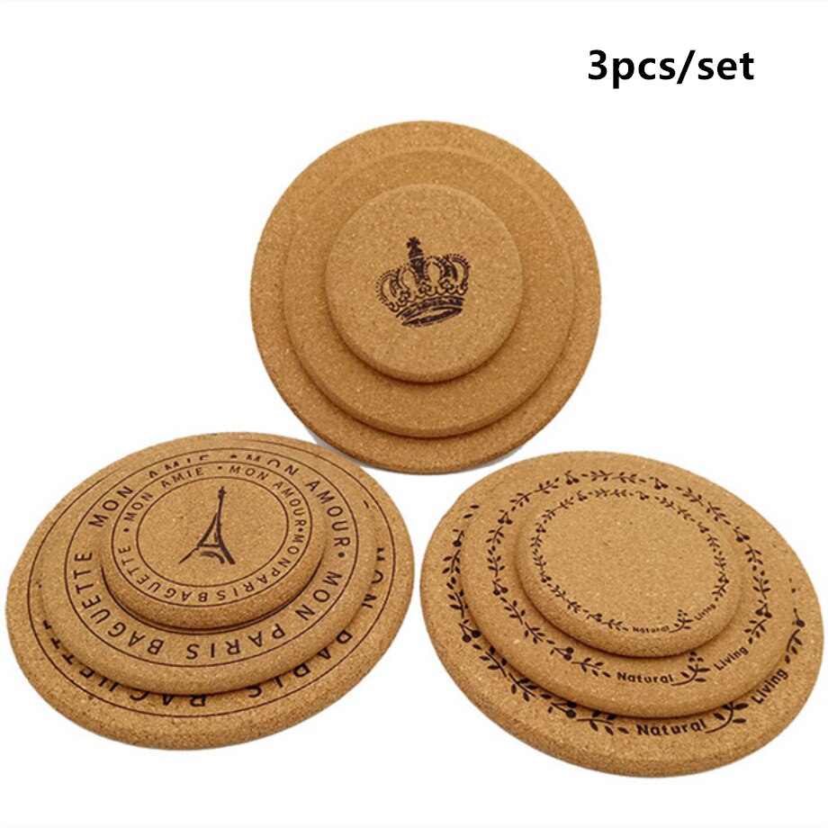 150sets/Lot 3pcs/Set Round Cork Coaster Cup Plate Mat 1cm Thickness Coffee Pad Tea Cushion Kitchen Decor 100% Natural eprolo