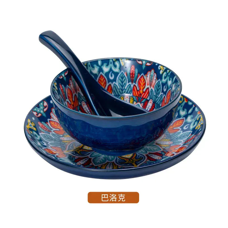 Ceramic Tableware Set Three-Piece Household Rice Bowl Plate Spoon Set Restaurant Hot Pot Barbecue Shop Commercial Kitchen Essentials