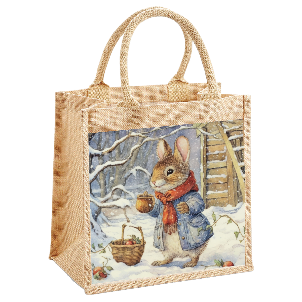 Nordic Santa and Blue Christmas Tree Victorian Squirrel Jute Shopping Bag