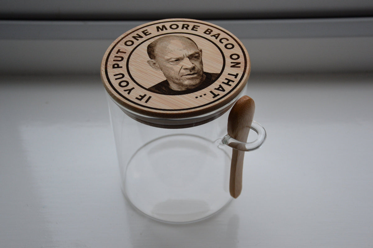 Juno inspired - "If you put on more Baco on that..." Glass Bacon/ Salad Crispies Jar - Juno J.K. Simmons inspired kitchenware glass decant