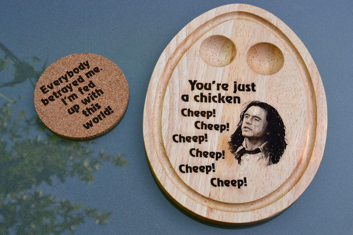 You're just a chicken cheep cheep cheep cheep... Tommy Wiseau The Room - Breakfast Egg Board // Bamboo High Quality Oh Hai Mark