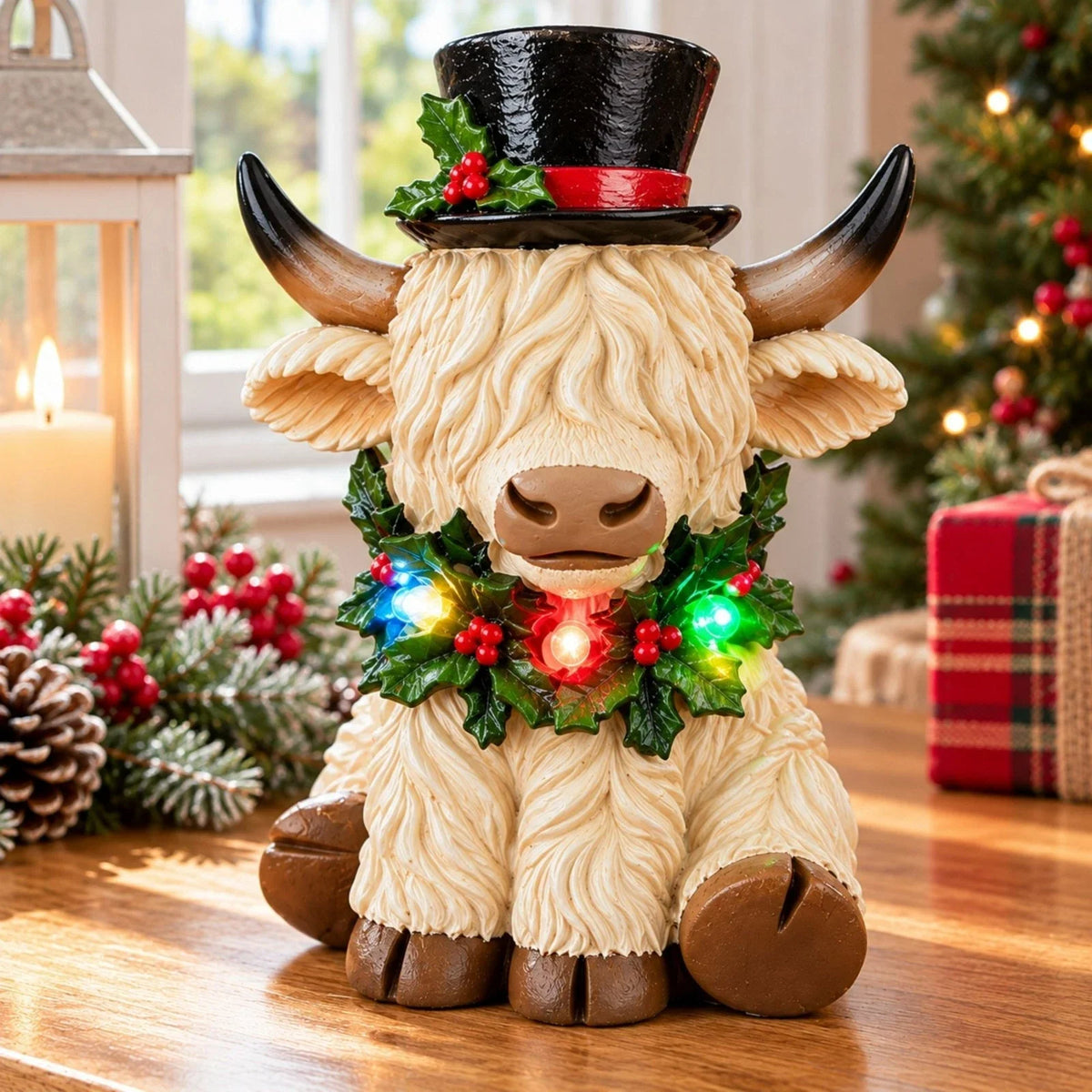 White Christmas Highland Cow Ornament with LED Lights