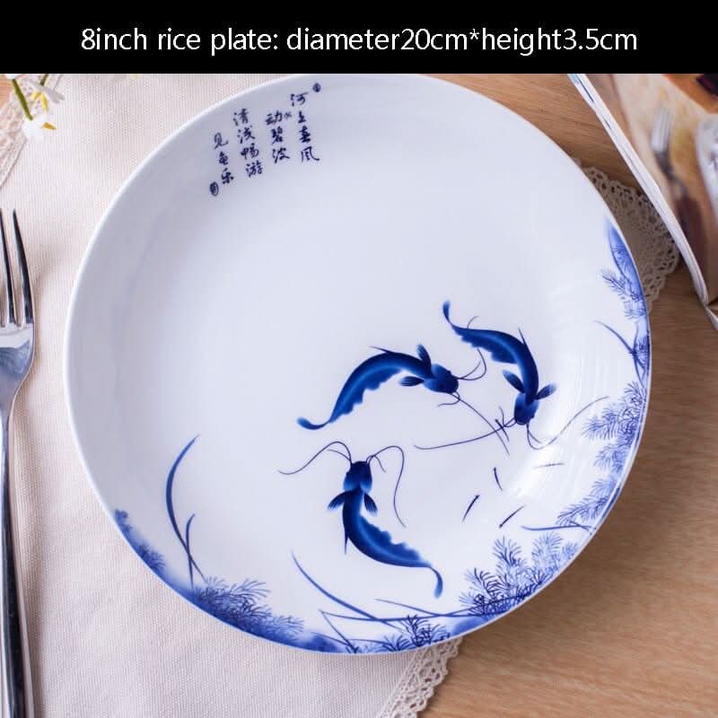 8/10 Inch Ceramic Blue And White Round Fish Plate Kitchen Essentials
