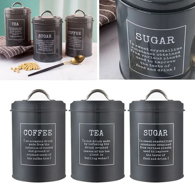 Set of 3 Metal, Kitchen - Coffee, Sugar, Tea Storage Box Tin Canisters Kitchen Essentials