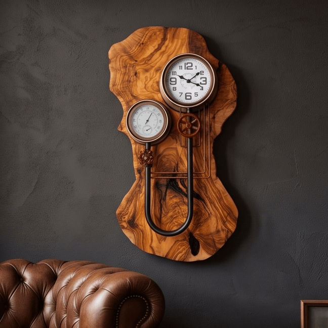 Industrial Steampunk Olive Wood Wall Clock | Luxury Live Edge Weather Station Decor