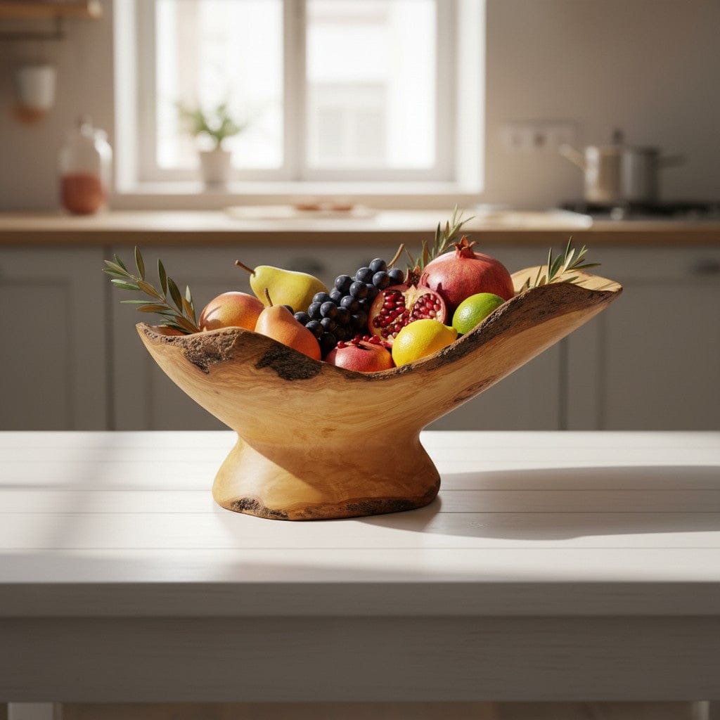 Handcrafted Olive Wood Pedestal Fruit Bowl 45×25×25 cm