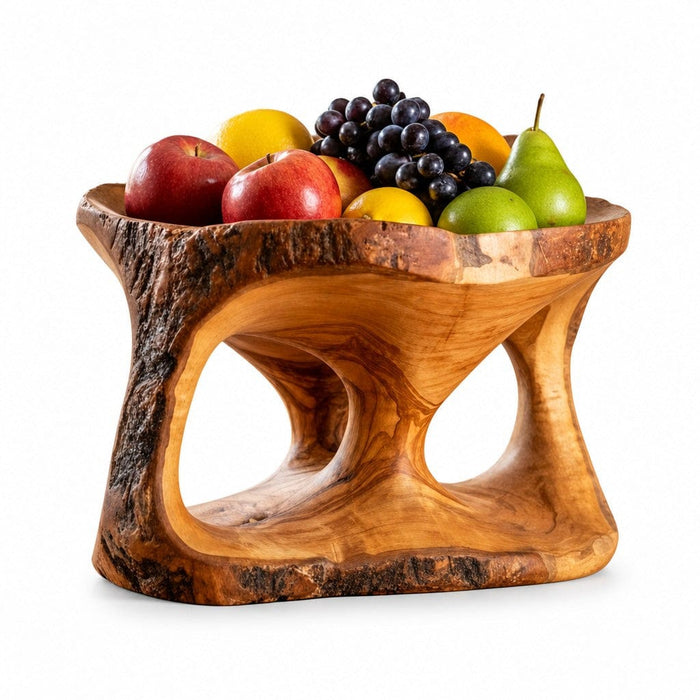 Large Olive Wood Fruit Bowl with Handle, 25 x 20 x 20 cm