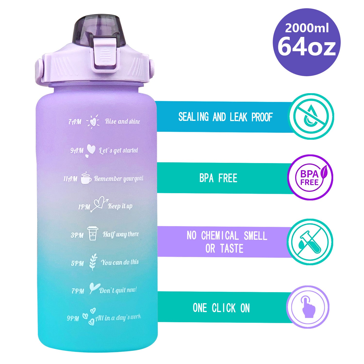 2L Sports Bottle Time Scale Space Cup Outdoor Portable Water Bottle Gradient Water Cup Water Bottle eprolo