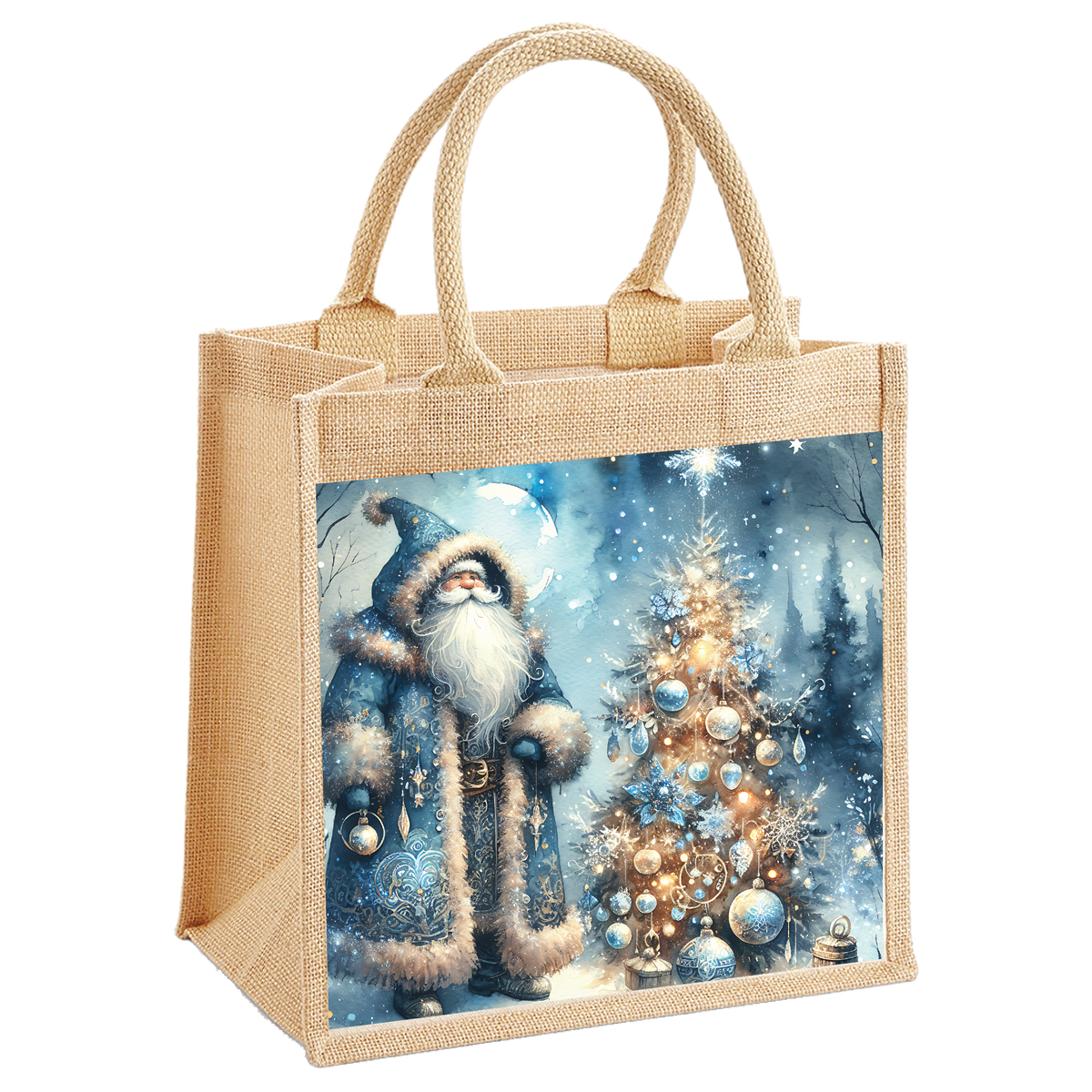Nordic Santa and Blue Christmas Tree Jute Shopping Bag