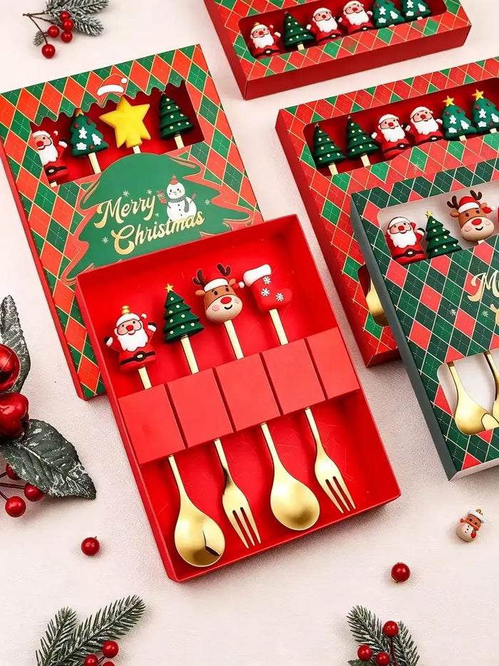 Christmas Cutlery Sets Christmas Spoons Forks Set Soup Dessert Spoon Tea Spoons Utensils Set Creative Cartoon Spoon and Fork