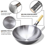 32/34/36cm Iron Wok Chinese Traditional Handmade Large Wok Household Cooking Pot Wooden Handle Wok Kitchen Cookware Kitchen Essentials