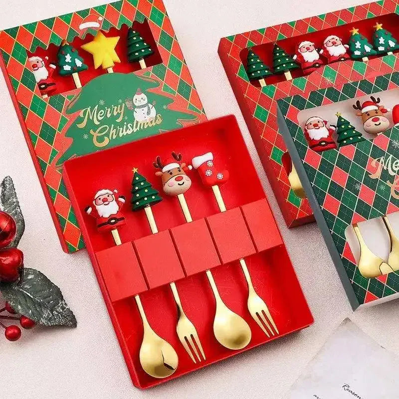 Christmas Cutlery Sets Christmas Spoons Forks Set Soup Dessert Spoon Tea Spoons Utensils Set Creative Cartoon Spoon and Fork