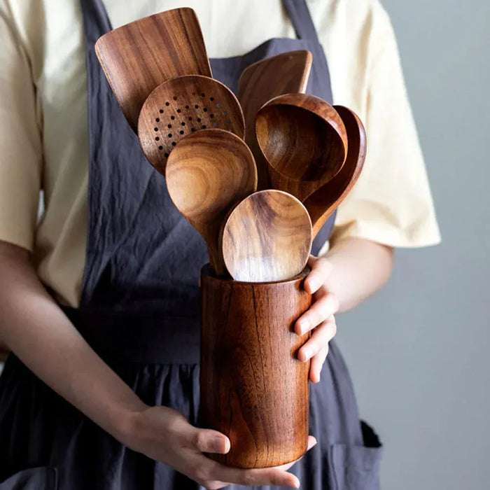 Wooden Kitchenware Cooking Shovels Spoon Colander Kitchen Utensils Set Household Cutlery Rack Teak Natural Wood Cookware Kitchen Essentials