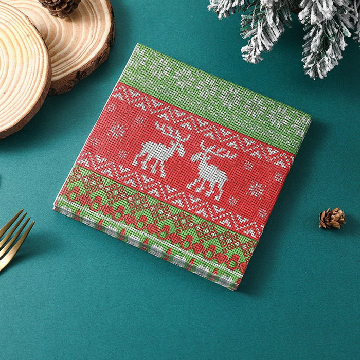 Christmas Paper Napkins Knitted Reindeer Print Disposable Paper Napkins Xmas Dinner Table Decor for Party Home Holiday Supplies