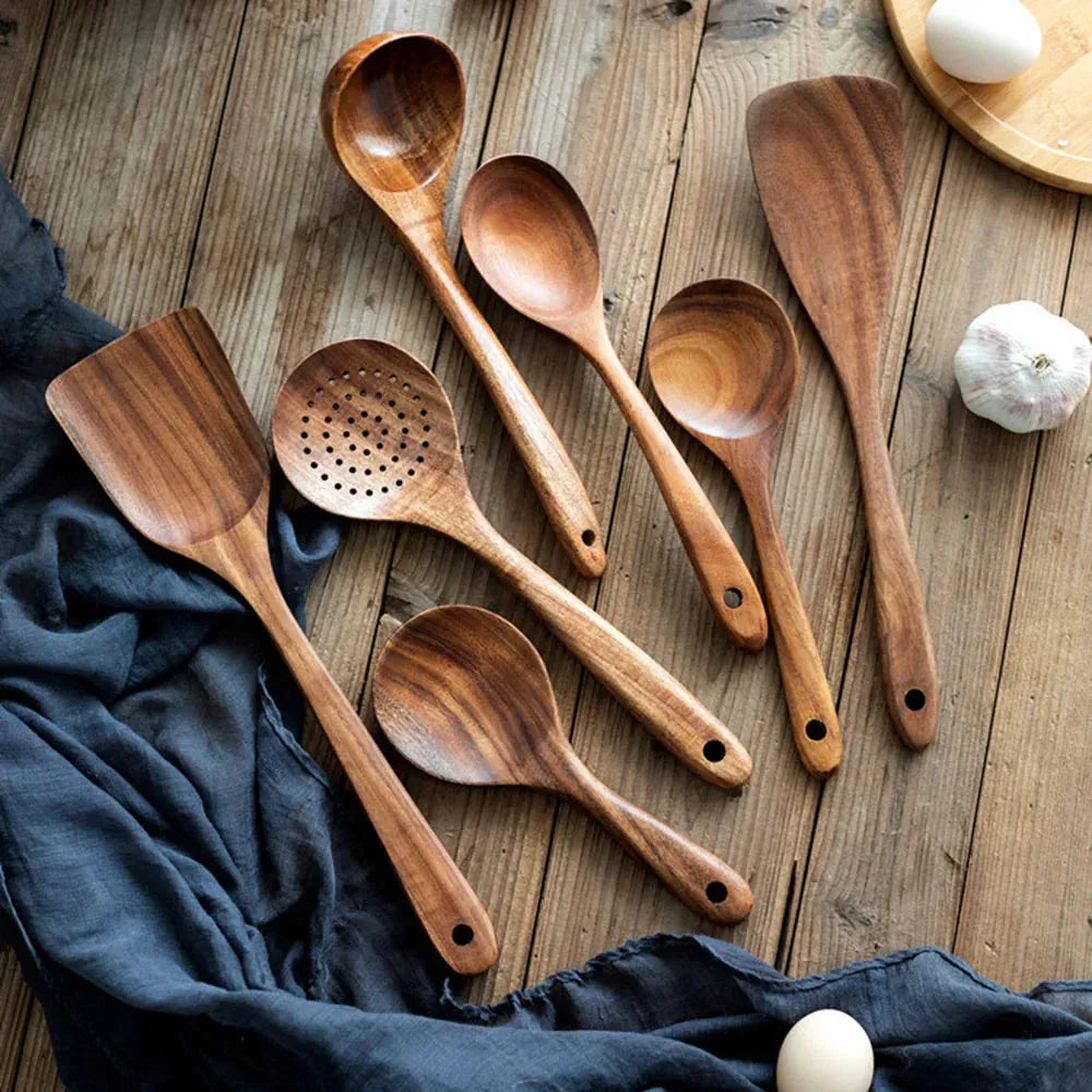 Wooden Kitchenware Cooking Shovels Spoon Colander Kitchen Utensils Set Household Cutlery Rack Teak Natural Wood Cookware Kitchen Essentials