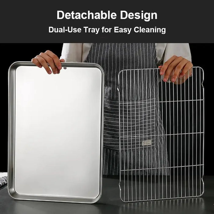 1Pc Stainless Steel Baking Tray With Removable Cooling Rack Set Non-stickBBQ Pan Tray Plate Oven Rack Cooking Roasting Dish..