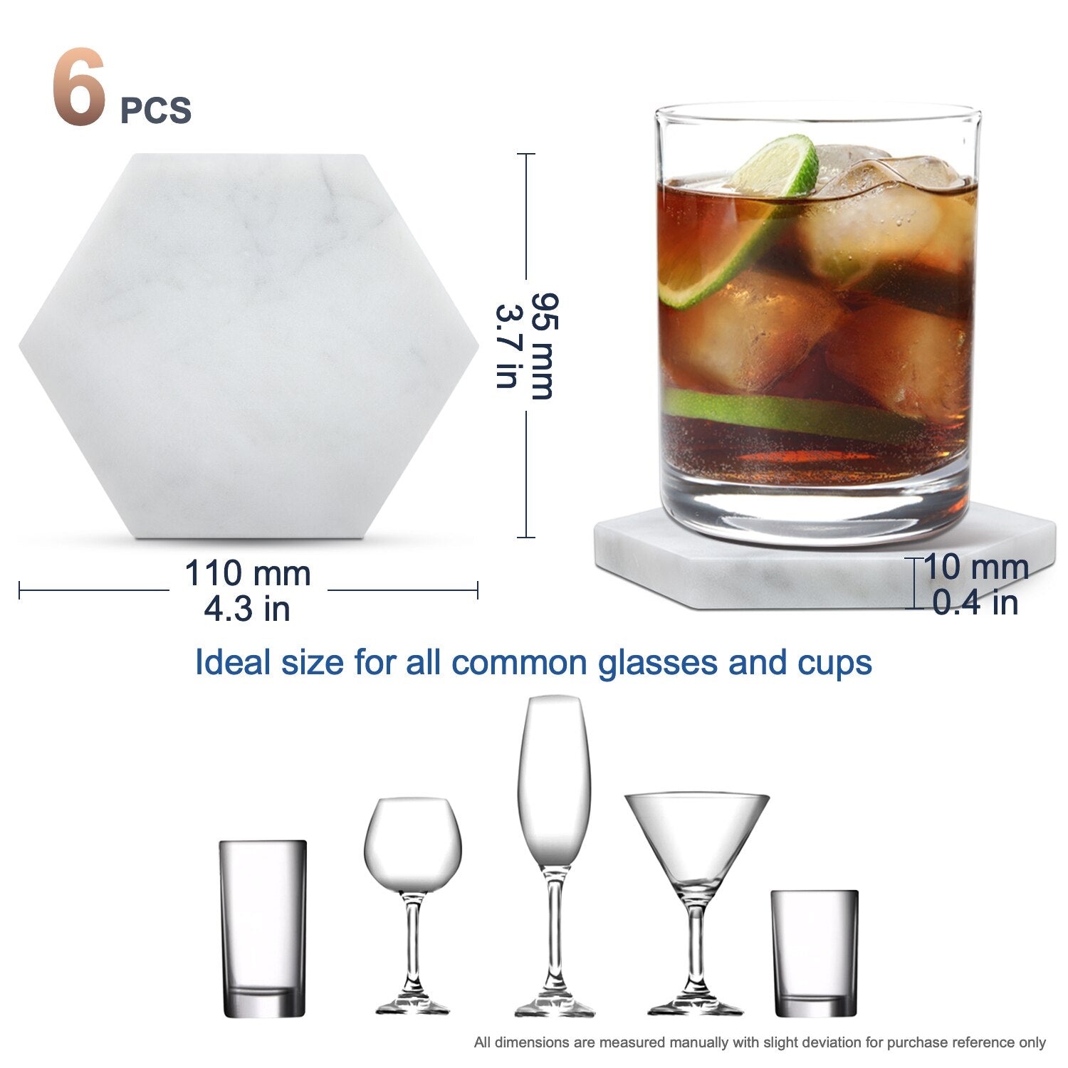 Exco Set of 6 Pcs Handmade Natural Marble Coasters with Cork Back Protects Desktops&Countertops, Suitable for Kinds of Cups eprolo