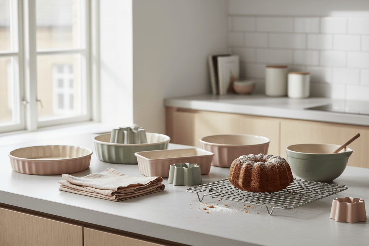 Pastel bakeware and cake tins arranged in a bright Nordic kitchen