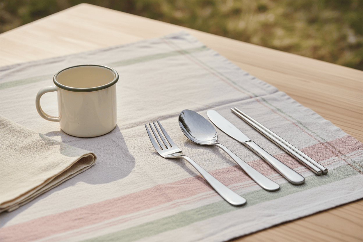 Portable camping cutlery set arranged for a pastel outdoor picnic