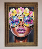 Floral Woman With Glasses and Pink Lips Framed Print Wallart-Direct