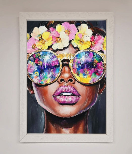 Floral Woman With Glasses and Pink Lips Framed Print Wallart-Direct