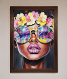 Floral Woman With Glasses and Pink Lips Framed Print Wallart-Direct