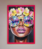 Floral Woman With Glasses and Pink Lips Framed Print Wallart-Direct