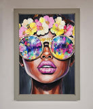 Floral Woman With Glasses and Pink Lips Framed Print Wallart-Direct