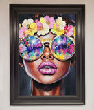 Floral Woman With Glasses and Pink Lips Framed Print Wallart-Direct