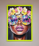 Floral Woman With Glasses and Pink Lips Framed Print Wallart-Direct