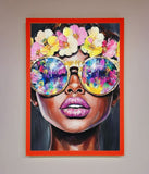Floral Woman With Glasses and Pink Lips Framed Print Wallart-Direct