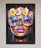 Floral Woman With Glasses and Pink Lips Framed Print Wallart-Direct
