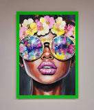 Floral Woman With Glasses and Pink Lips Framed Print Wallart-Direct
