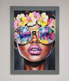 Floral Woman With Glasses and Pink Lips Framed Print Wallart-Direct