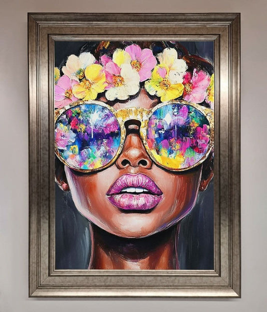 Floral Woman With Glasses and Pink Lips Framed Print Wallart-Direct