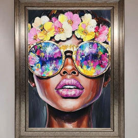 Floral Woman With Glasses and Pink Lips Framed Print Wallart-Direct