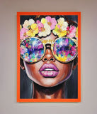 Floral Woman With Glasses and Pink Lips Framed Print Wallart-Direct