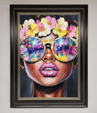 Floral Woman With Glasses and Pink Lips Framed Print Wallart-Direct