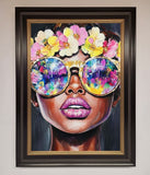 Floral Woman With Glasses and Pink Lips Framed Print Wallart-Direct