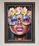 Floral Woman With Glasses and Pink Lips Framed Print Wallart-Direct