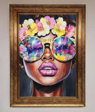 Floral Woman With Glasses and Pink Lips Framed Print Wallart-Direct