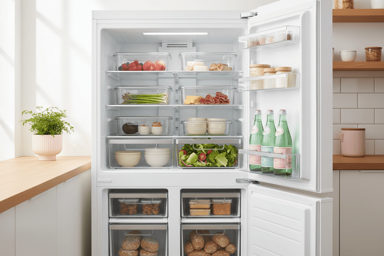 Clear fridge storage organisers arranged in a bright Nordic kitchen