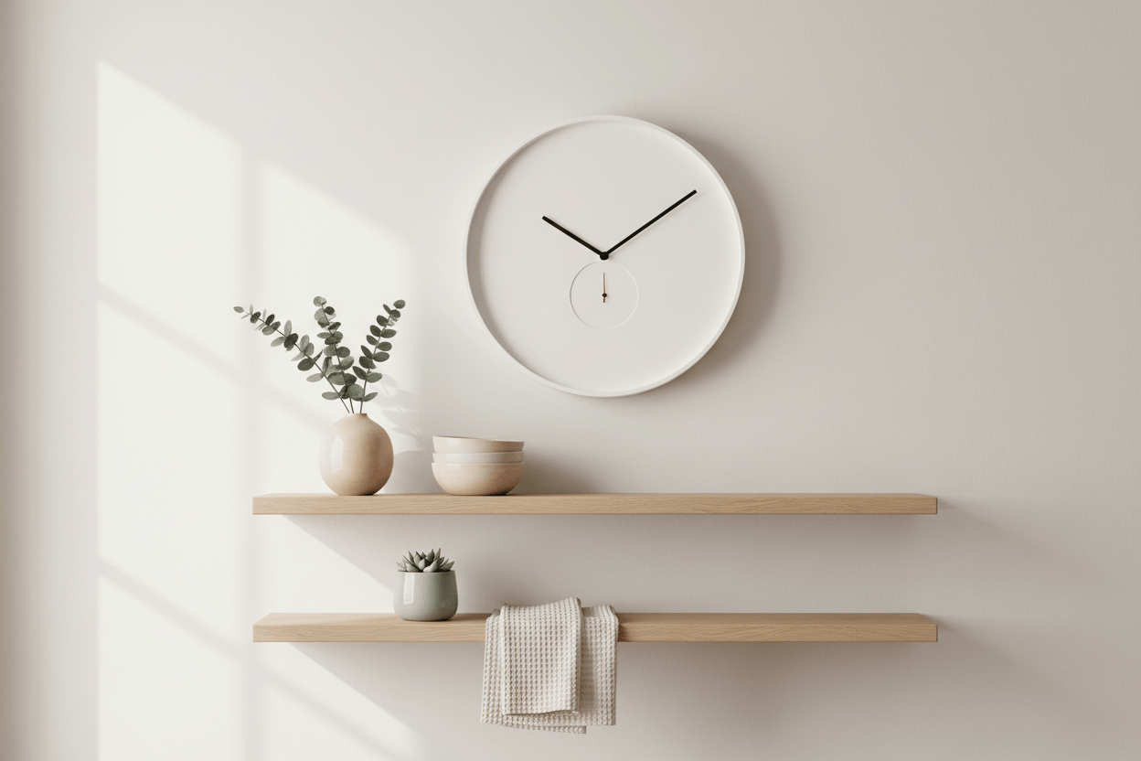 Minimal kitchen wall clock styled in a bright Nordic home