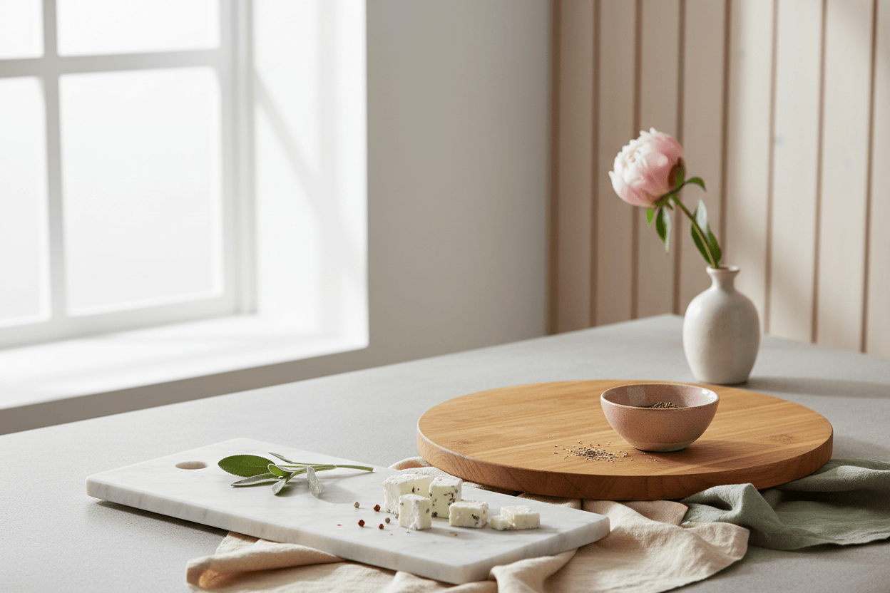 Marble and acacia wood chopping boards styled in a bright Nordic kitchen