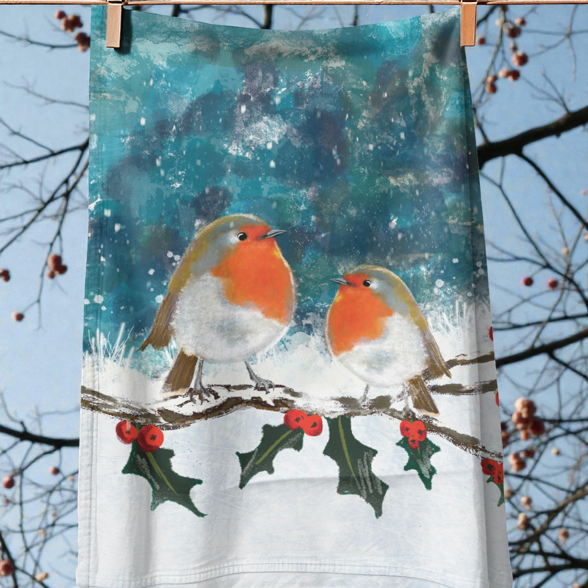 Sammy's Robins on a Holly Branch Christmas Tea Towel