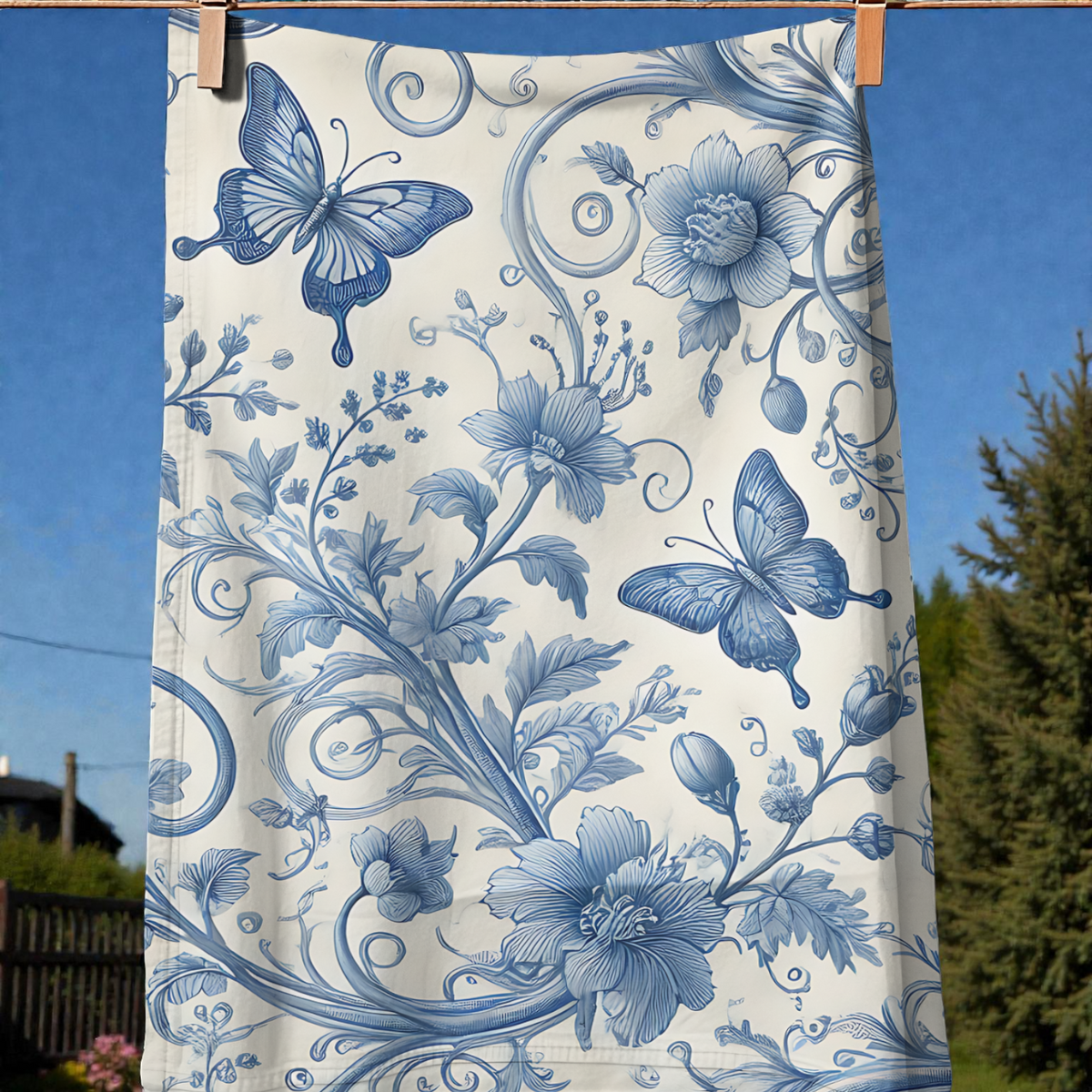 Victorian Style Blue Butterflies Tea Towel