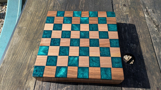 Walnut and teal resin chess board Barratt Boards - Cornish chopping boards designed for chefs