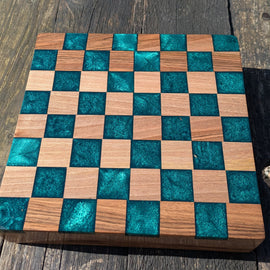 Walnut and teal resin chess board Barratt Boards - Cornish chopping boards designed for chefs